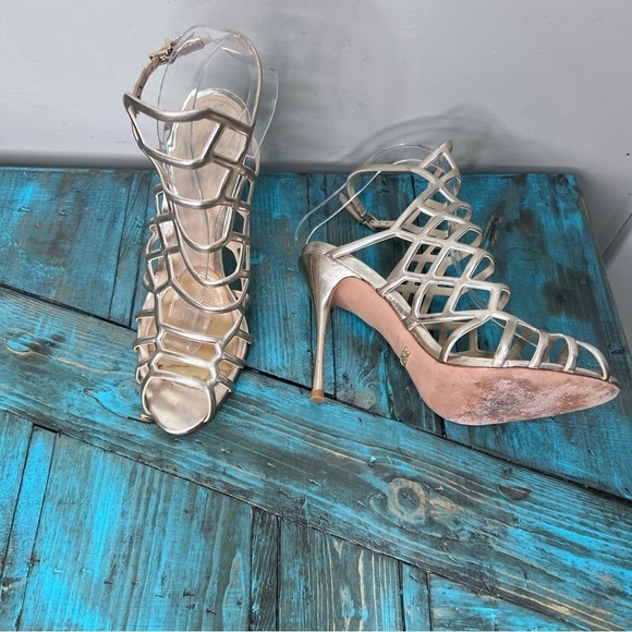 Schutz Juliana Gold High Heel Caged Open Dress Sandal Size 8 - Picture 3 of 16
